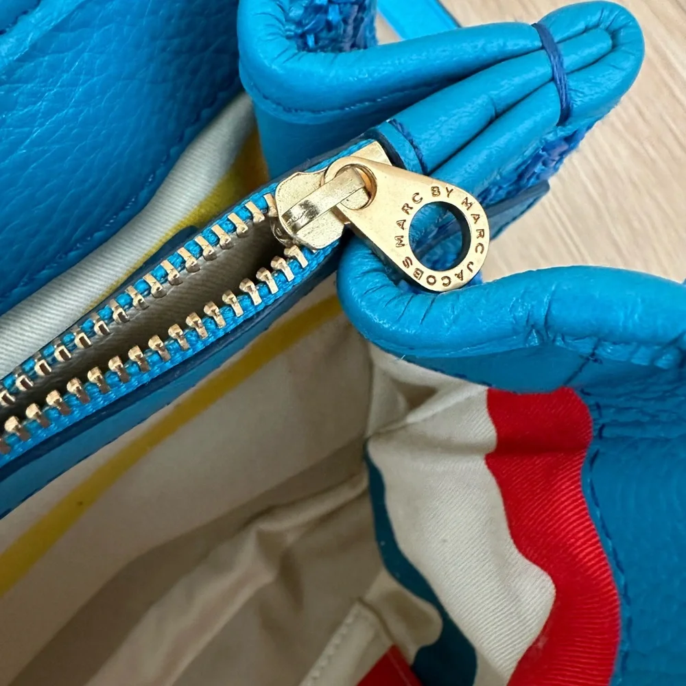Marc‎ by Marc Jacobs Blue Leather Raffia Satchel Crossbody Bag Gold Hardware